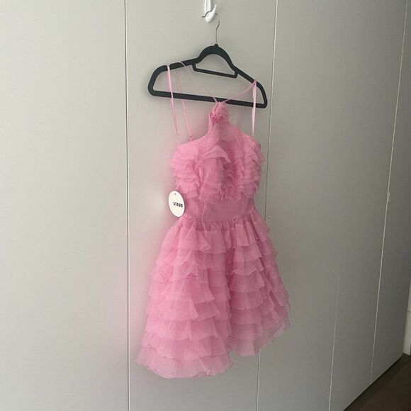 NWT Staud Florian Rosette Appliquéd Ruffled Organza Mini Dress Tulip Pink Size 2 - Picture 4 of 13